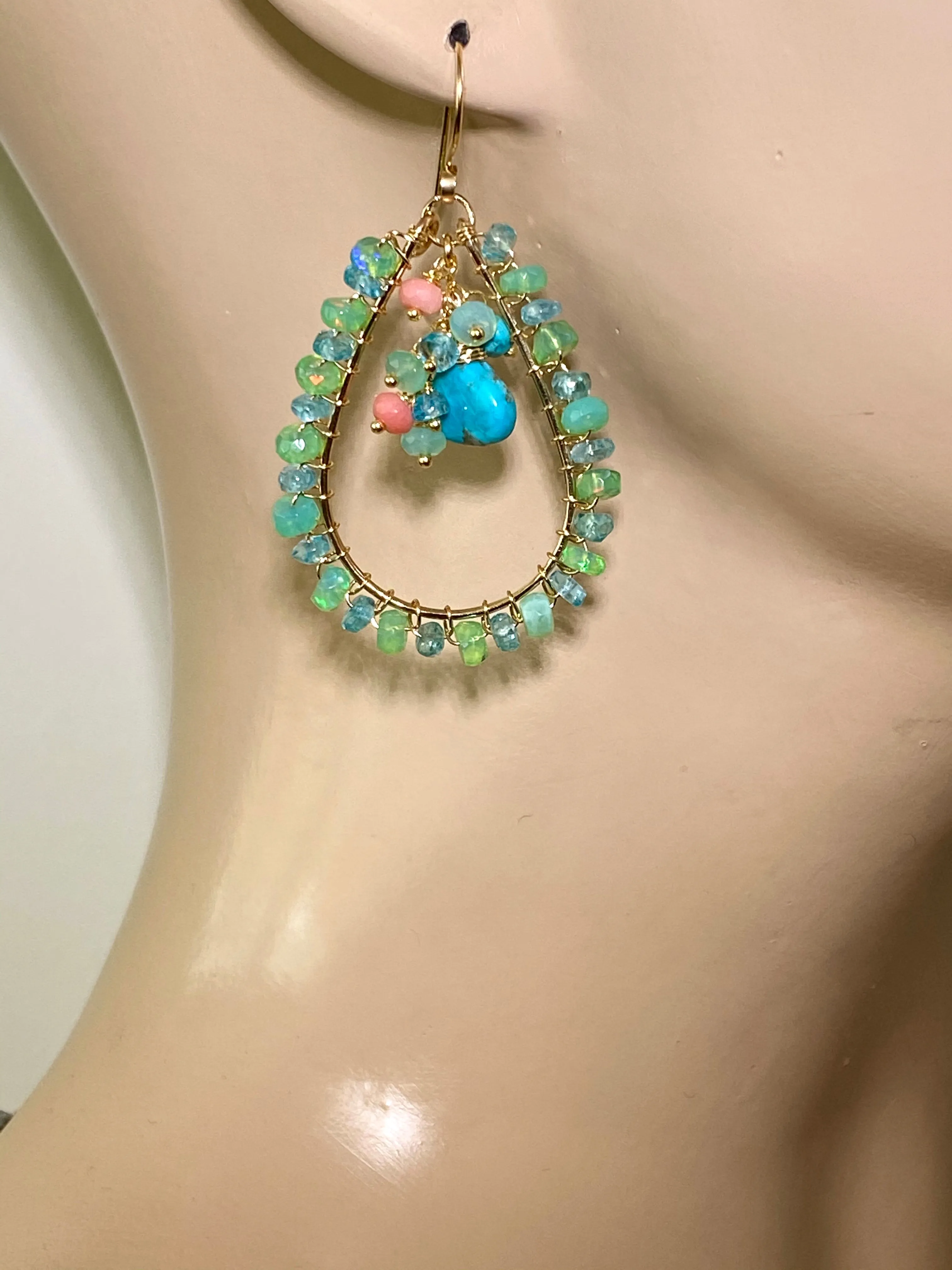 Turquoise, Apatite, Green Ethiopian Opal Hoop Earrings Gold Fill