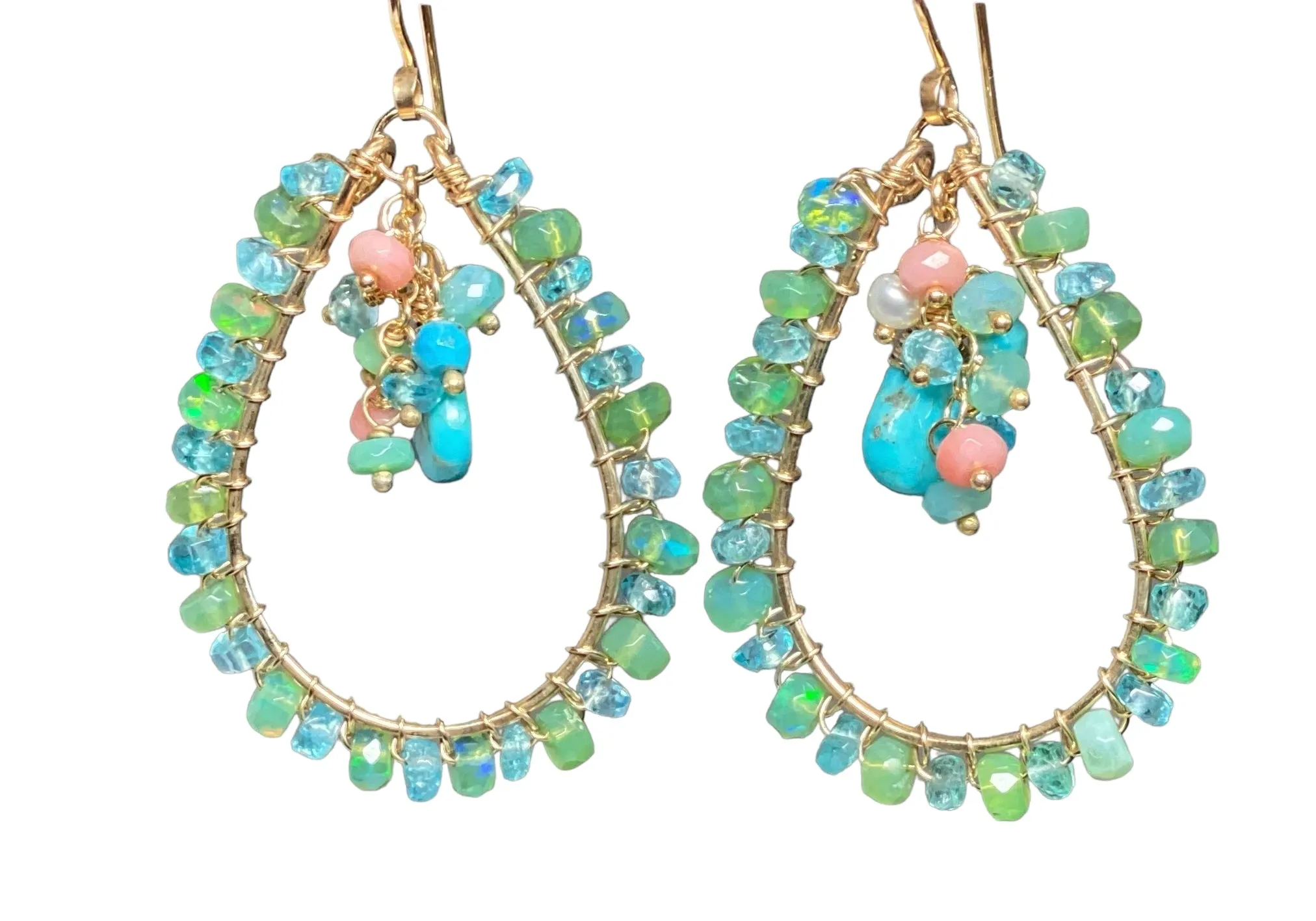 Turquoise, Apatite, Green Ethiopian Opal Hoop Earrings Gold Fill