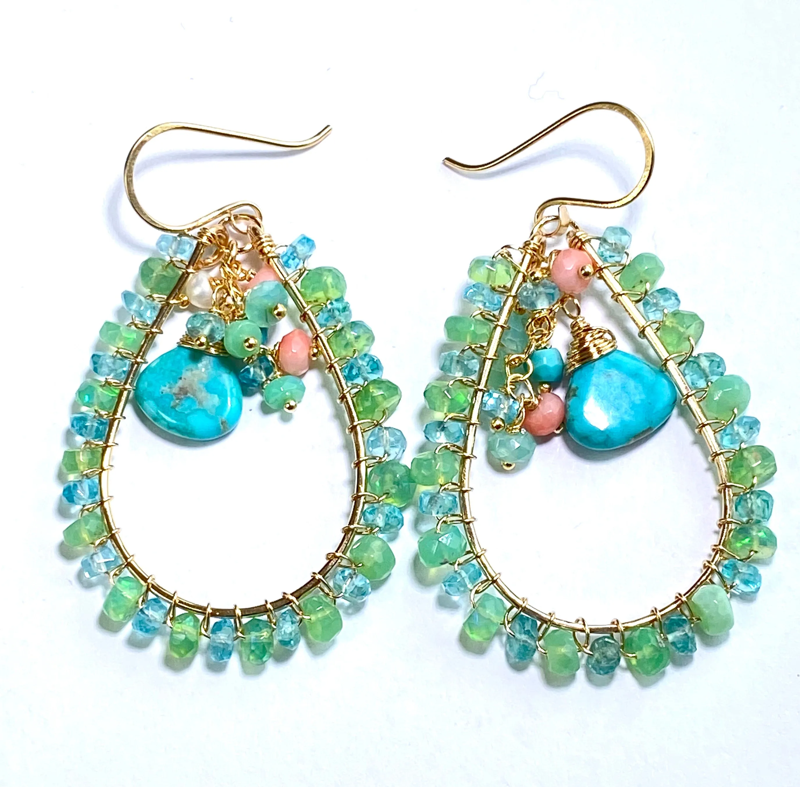 Turquoise, Apatite, Green Ethiopian Opal Hoop Earrings Gold Fill