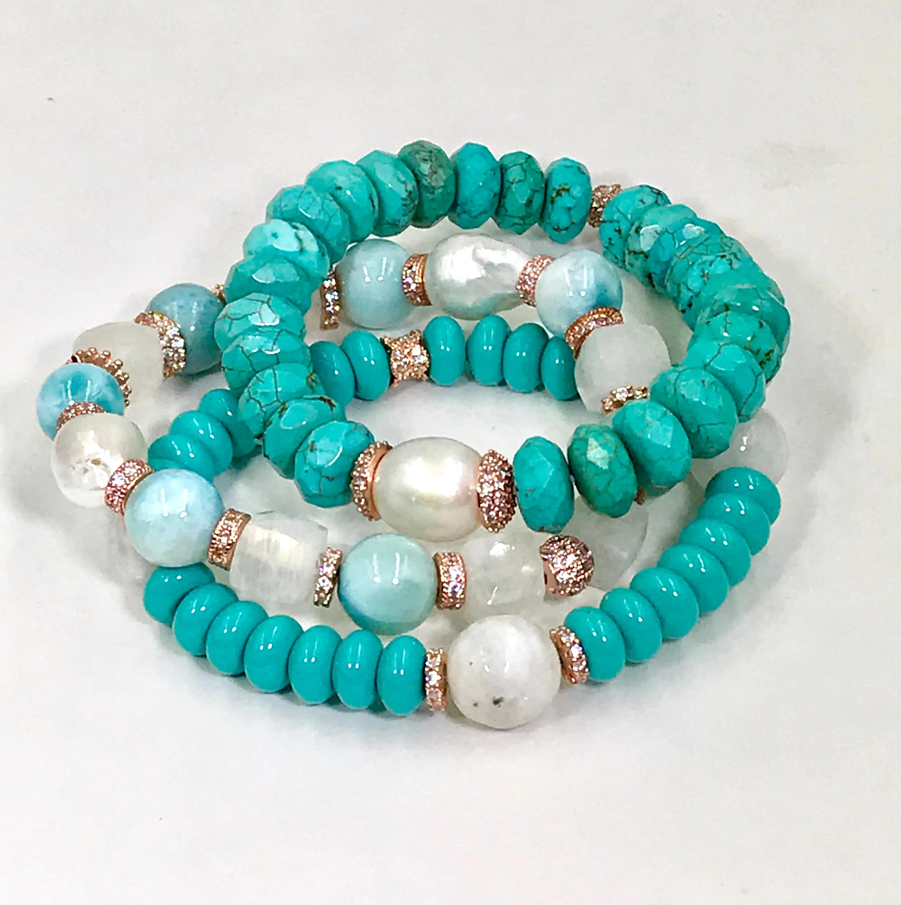 Turquoise Stretch Bracelet Set of 2 Rose Gold Pave CZ