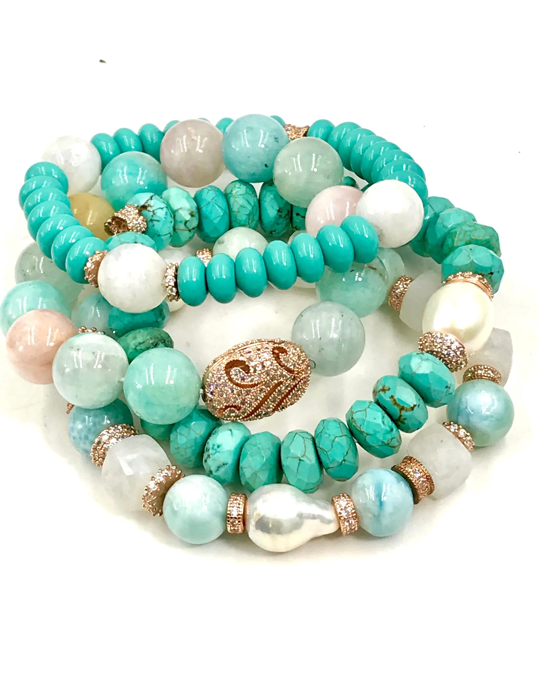 Turquoise Stretch Bracelet Set of 2 Rose Gold Pave CZ