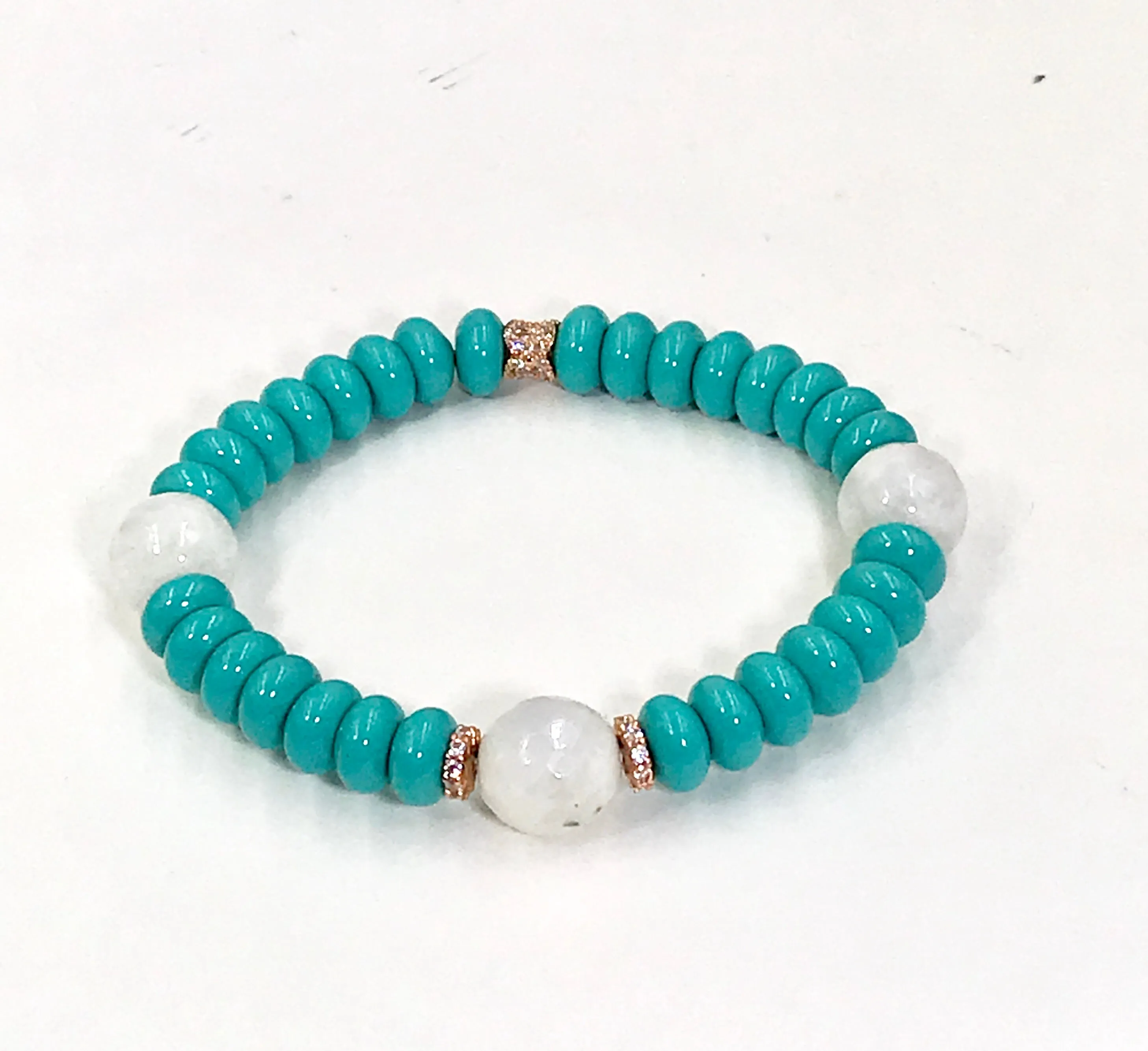 Turquoise Stretch Bracelet Set of 2 Rose Gold Pave CZ