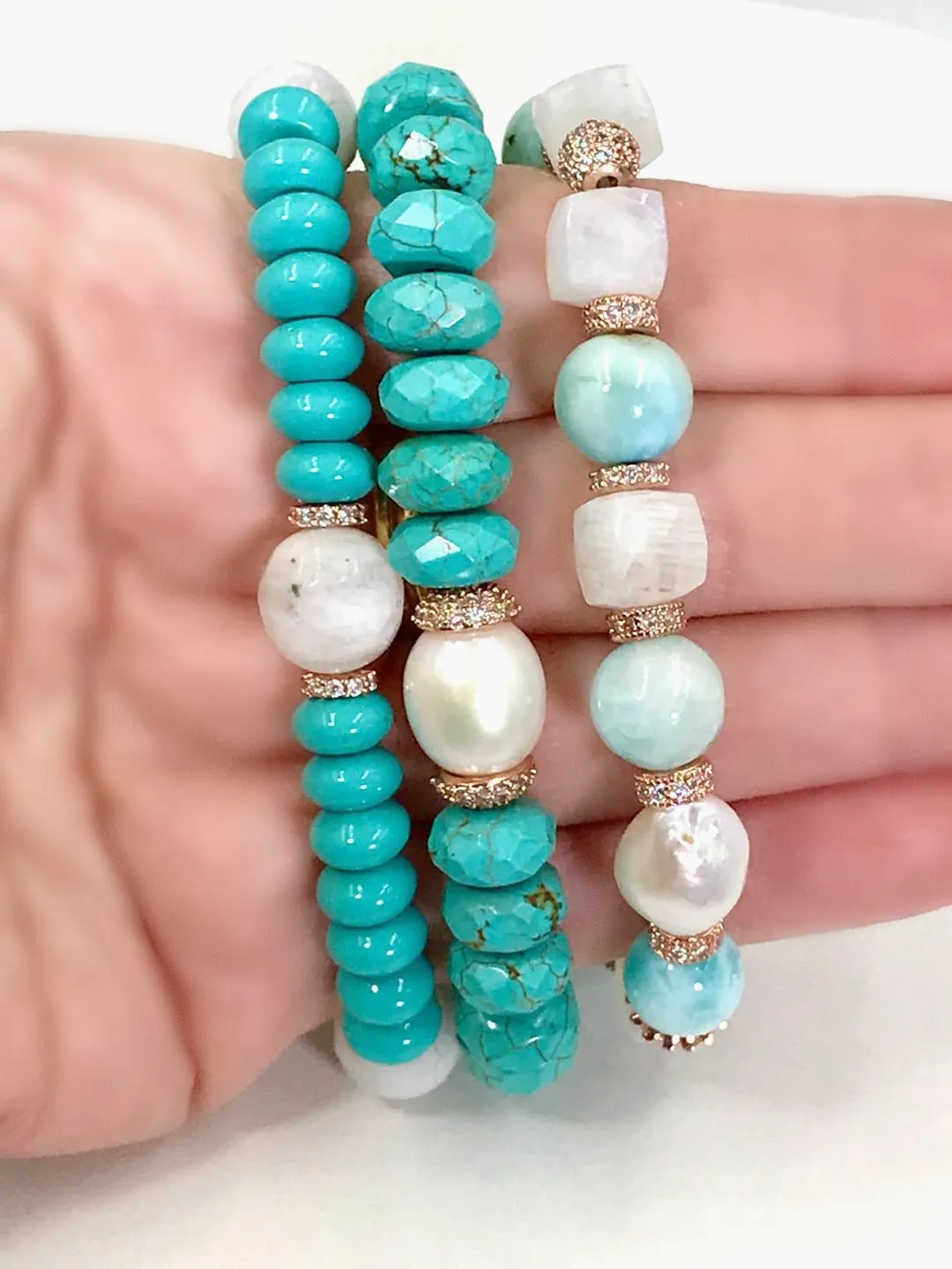 Turquoise Stretch Bracelet Set of 2 Rose Gold Pave CZ