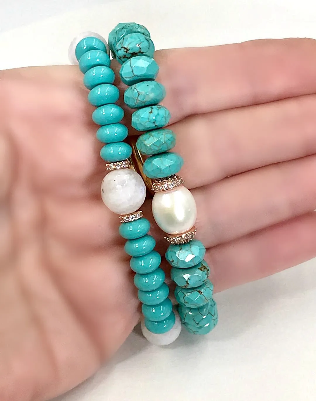 Turquoise Stretch Bracelet Set of 2 Rose Gold Pave CZ
