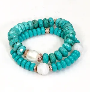 Turquoise Stretch Bracelet Set of 2 Rose Gold Pave CZ