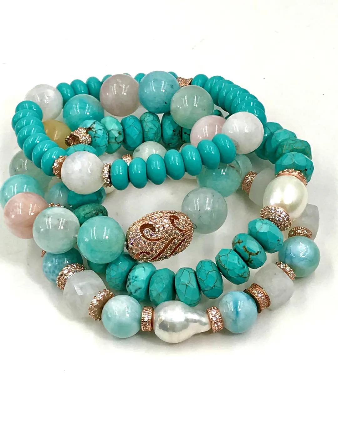 Turquoise Stretch Bracelet Set of 2 Rose Gold Pave CZ