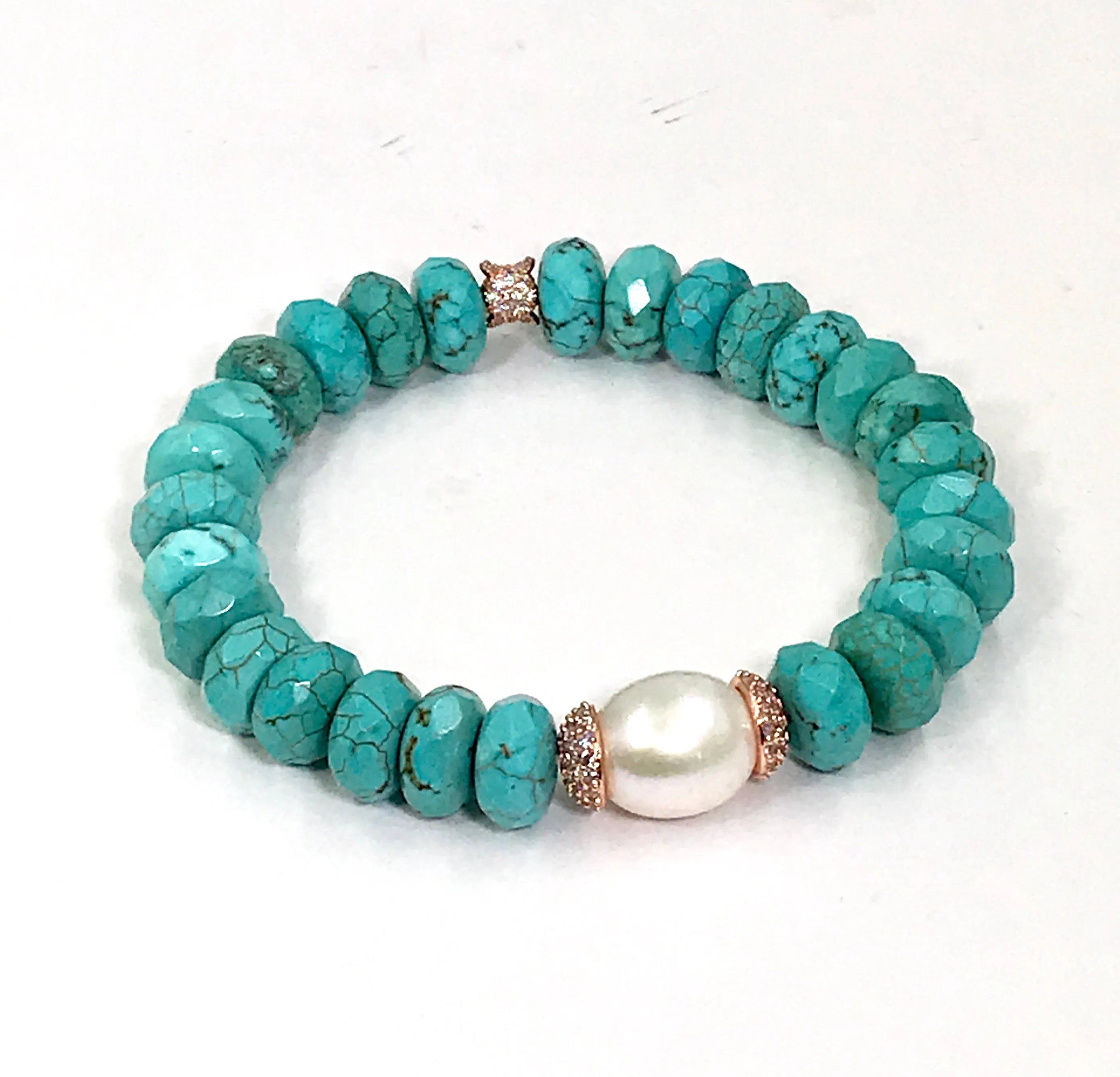 Turquoise Stretch Bracelet Set of 2 Rose Gold Pave CZ