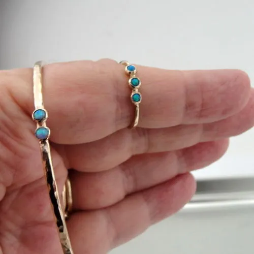Two Bangle Bracelets Opal 14k Yellow Gold F Handmade Hammered Hadar Designers (V