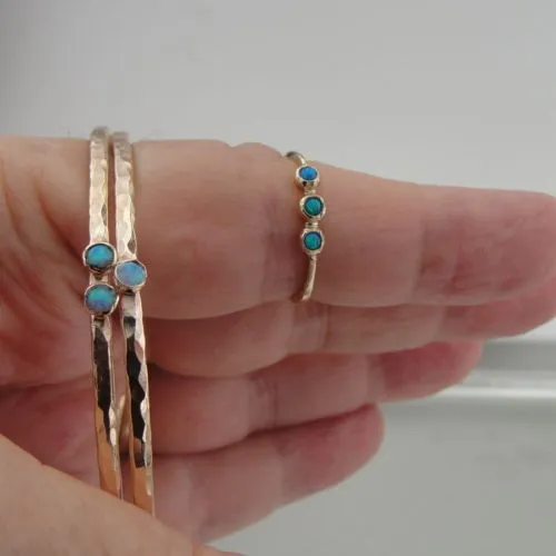 Two Bangle Bracelets Opal 14k Yellow Gold F Handmade Hammered Hadar Designers (V
