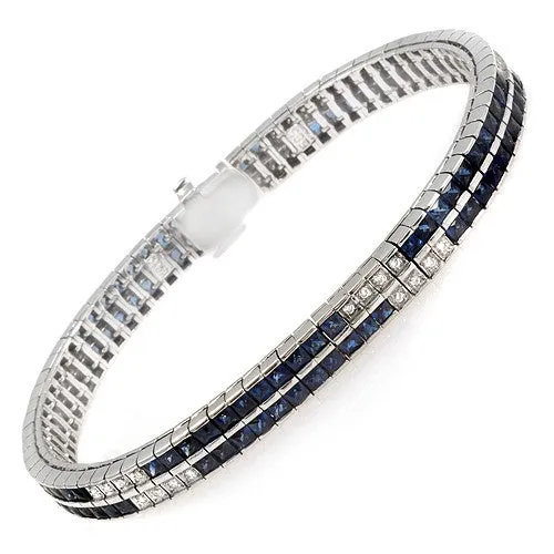 Two Rows of Blue Sapphire And Diamond Bracelet, 18k White Gold