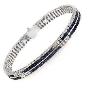 Two Rows of Blue Sapphire And Diamond Bracelet, 18k White Gold