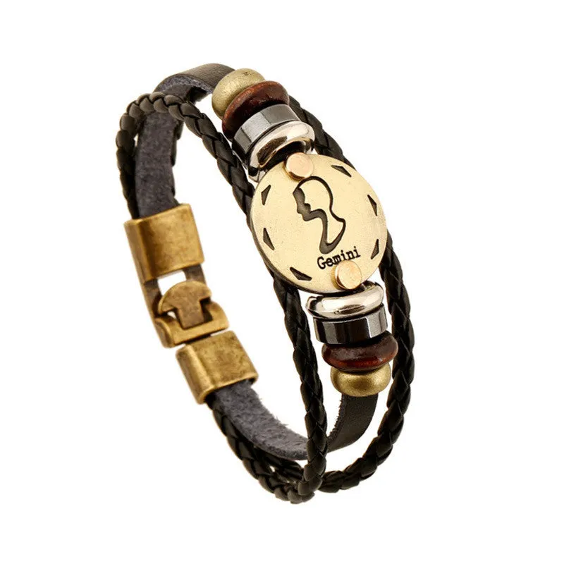 Unisex Zodiac Signs Leather Black Gallstone Bracelets