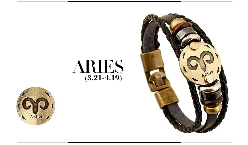 Unisex Zodiac Signs Leather Black Gallstone Bracelets