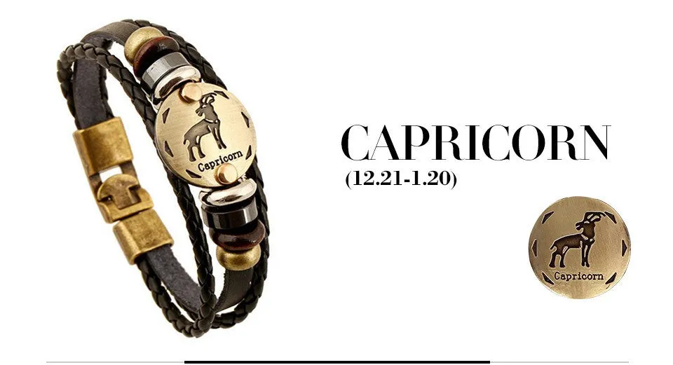 Unisex Zodiac Signs Leather Black Gallstone Bracelets