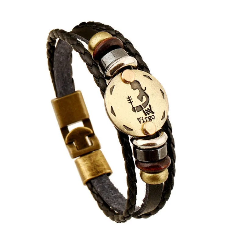 Unisex Zodiac Signs Leather Black Gallstone Bracelets