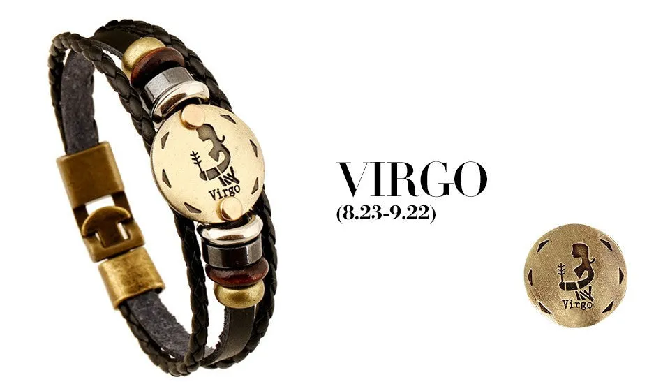 Unisex Zodiac Signs Leather Black Gallstone Bracelets