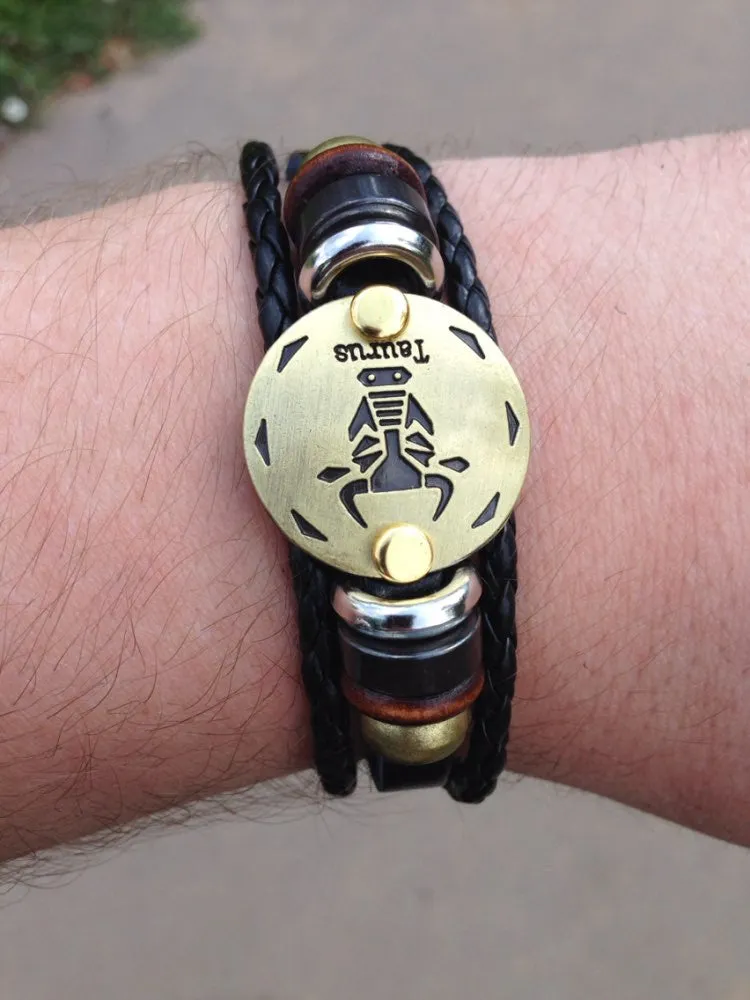 Unisex Zodiac Signs Leather Black Gallstone Bracelets