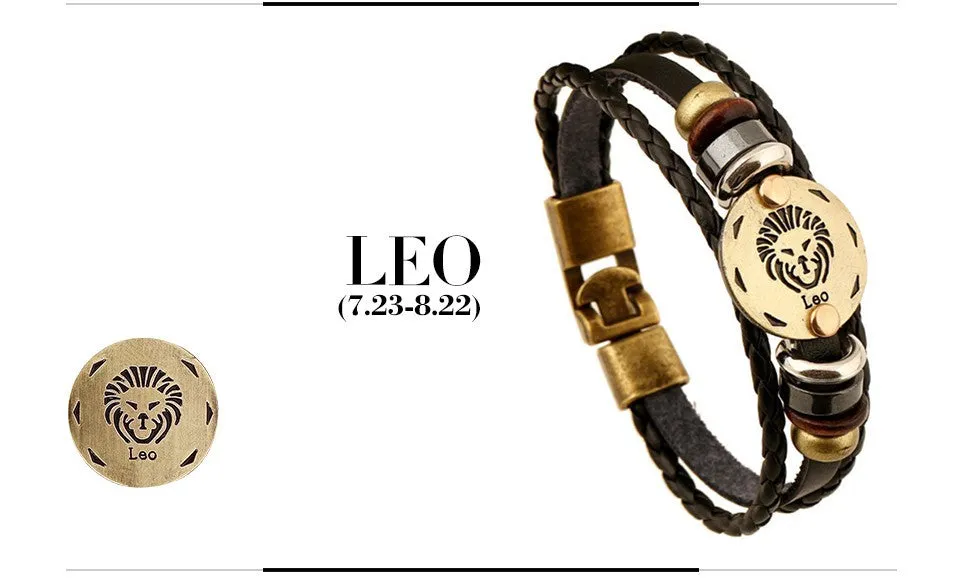 Unisex Zodiac Signs Leather Black Gallstone Bracelets