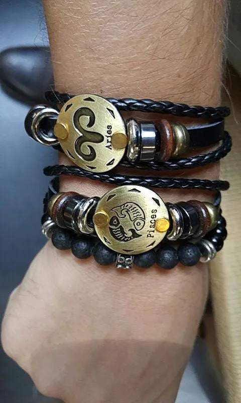 Unisex Zodiac Signs Leather Black Gallstone Bracelets