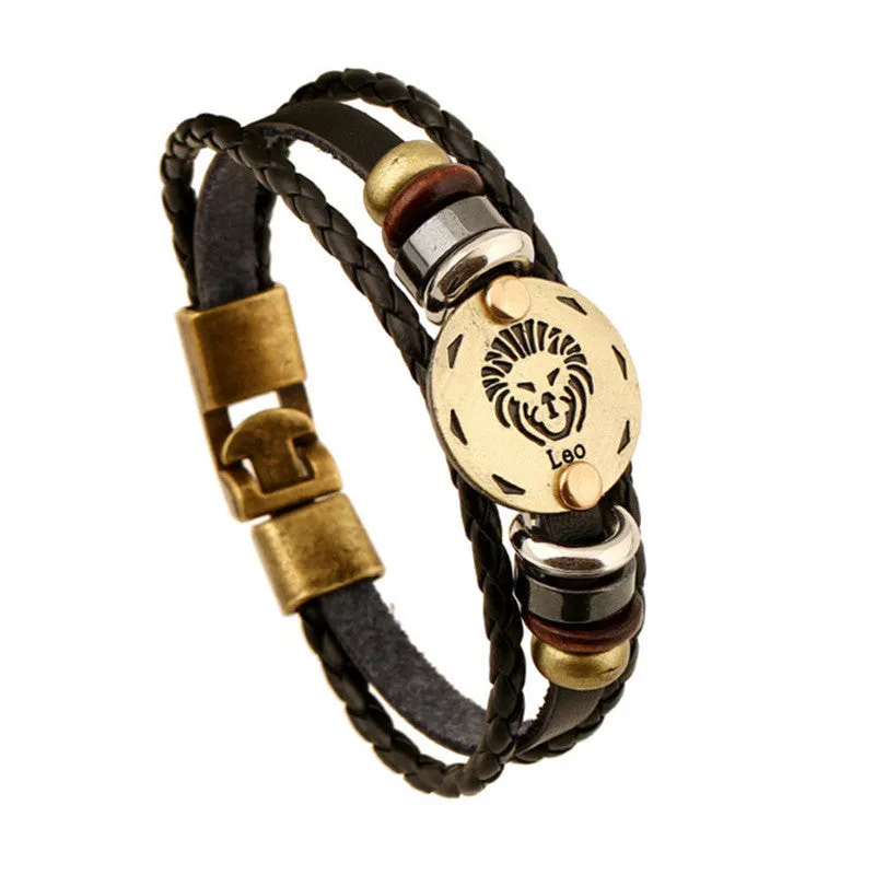 Unisex Zodiac Signs Leather Black Gallstone Bracelets