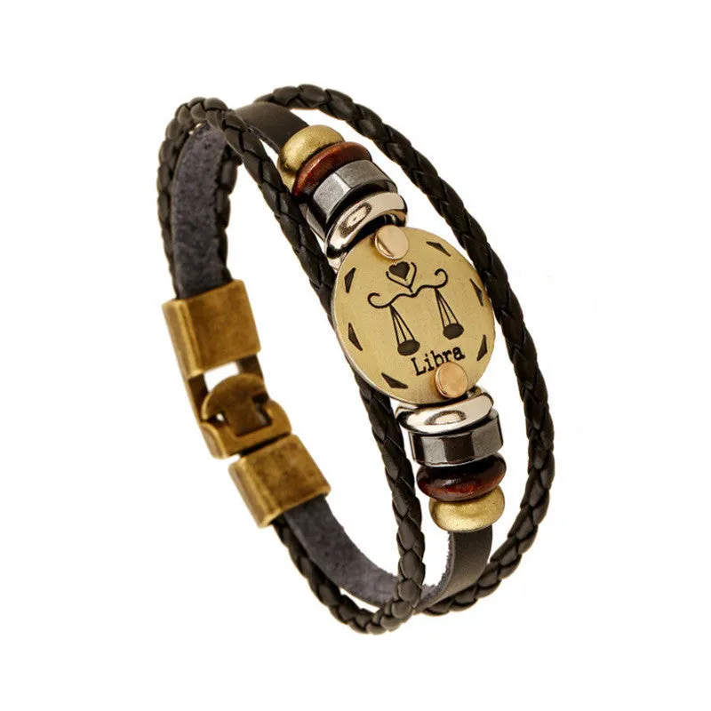 Unisex Zodiac Signs Leather Black Gallstone Bracelets