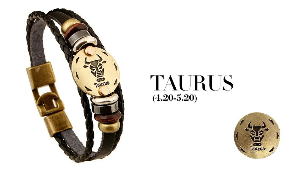Unisex Zodiac Signs Leather Black Gallstone Bracelets
