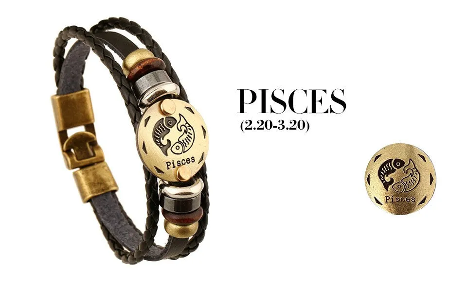 Unisex Zodiac Signs Leather Black Gallstone Bracelets
