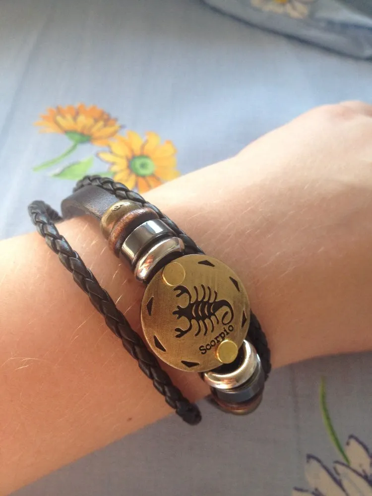 Unisex Zodiac Signs Leather Black Gallstone Bracelets
