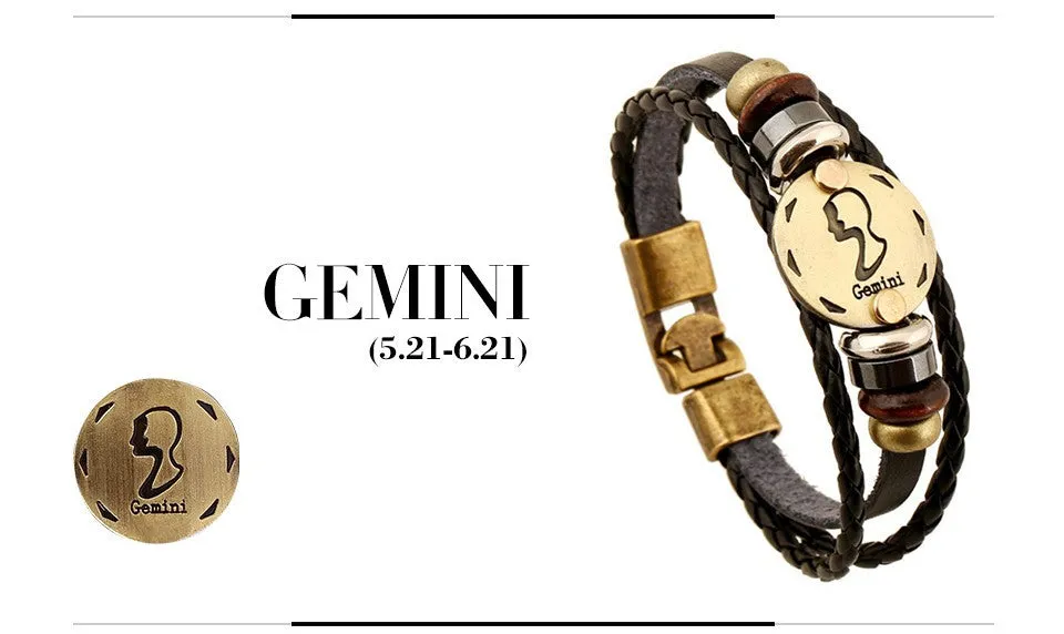 Unisex Zodiac Signs Leather Black Gallstone Bracelets