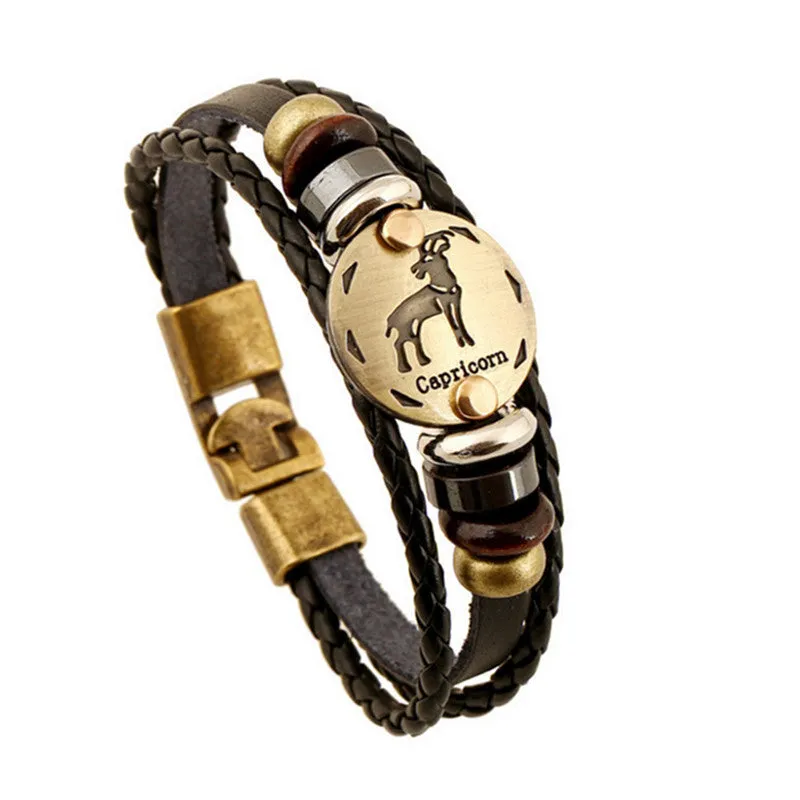 Unisex Zodiac Signs Leather Black Gallstone Bracelets