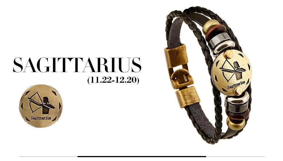 Unisex Zodiac Signs Leather Black Gallstone Bracelets