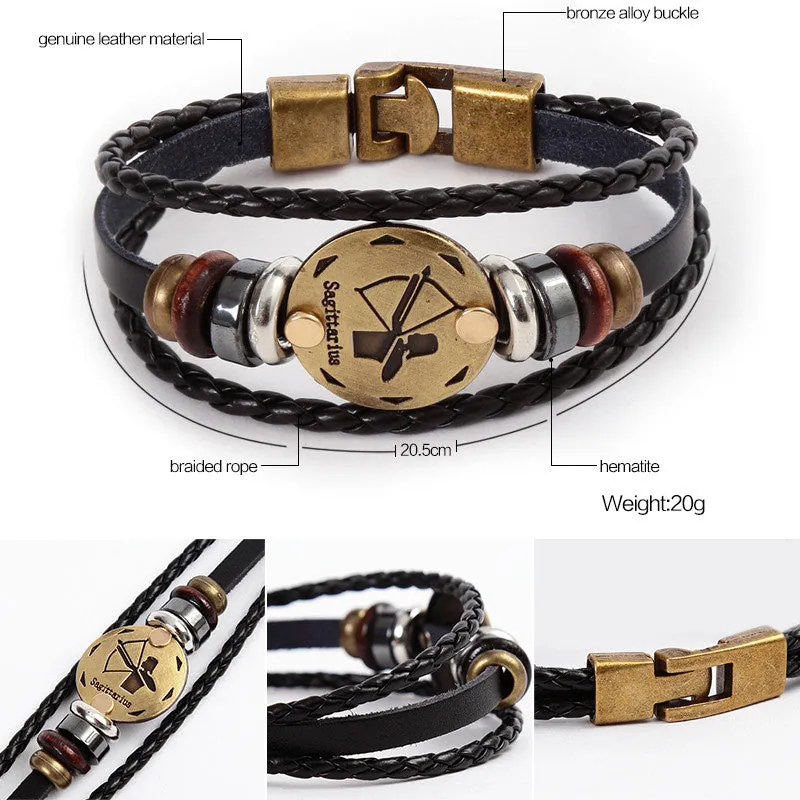 Unisex Zodiac Signs Leather Black Gallstone Bracelets