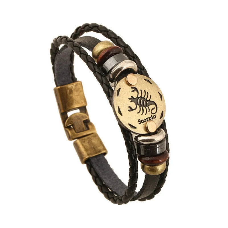 Unisex Zodiac Signs Leather Black Gallstone Bracelets