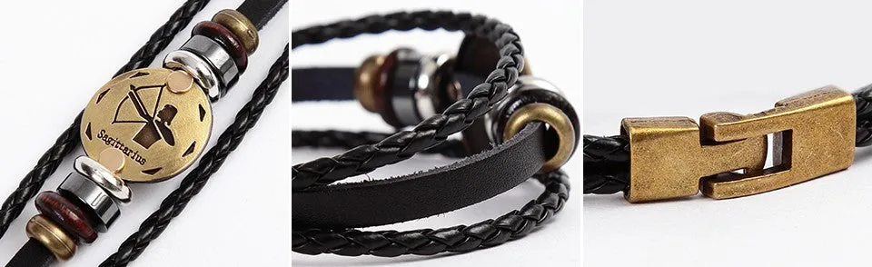 Unisex Zodiac Signs Leather Black Gallstone Bracelets