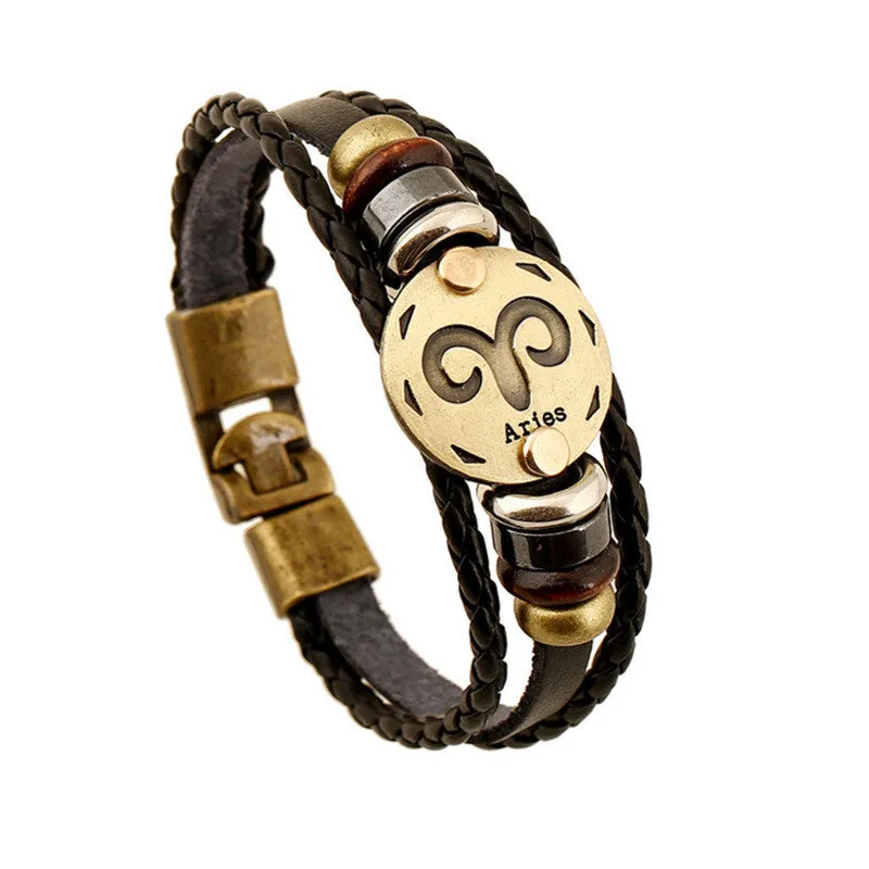 Unisex Zodiac Signs Leather Black Gallstone Bracelets