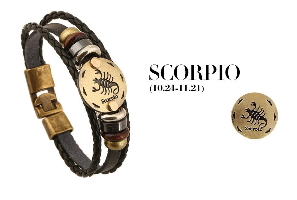 Unisex Zodiac Signs Leather Black Gallstone Bracelets