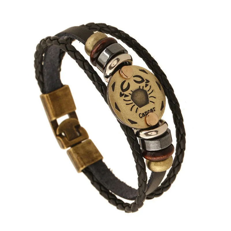 Unisex Zodiac Signs Leather Black Gallstone Bracelets