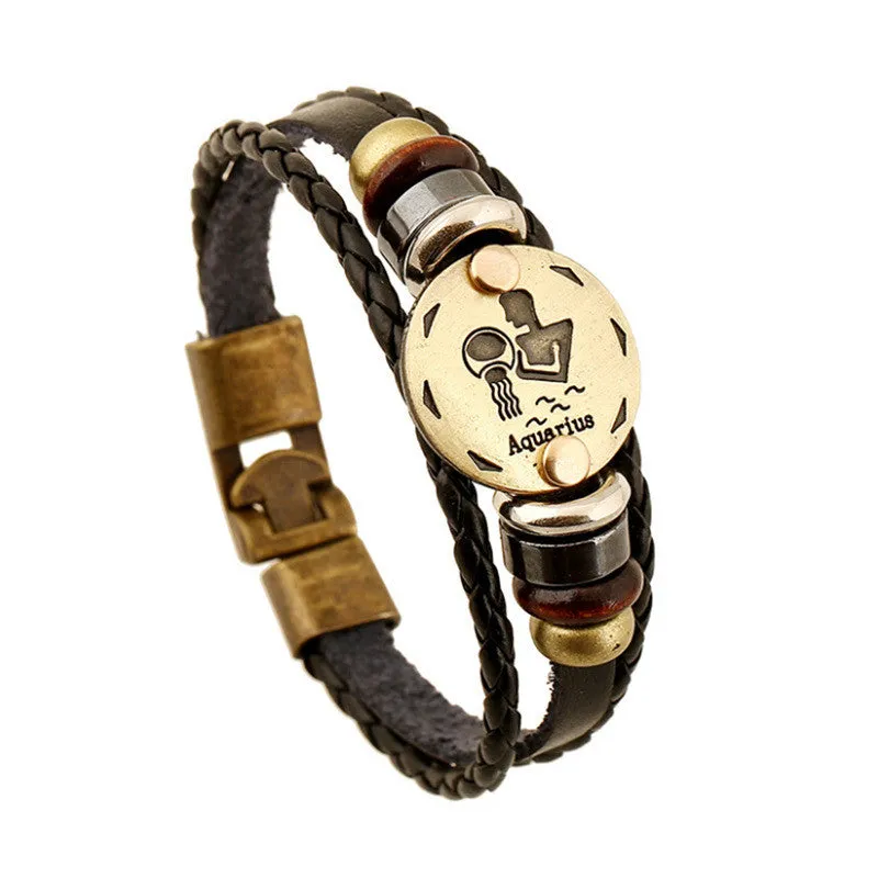 Unisex Zodiac Signs Leather Black Gallstone Bracelets