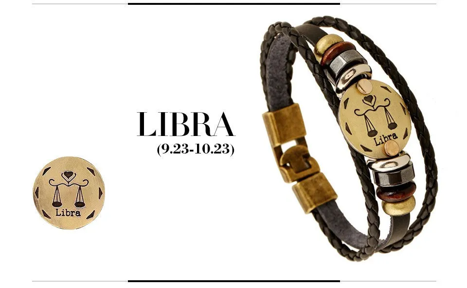 Unisex Zodiac Signs Leather Black Gallstone Bracelets