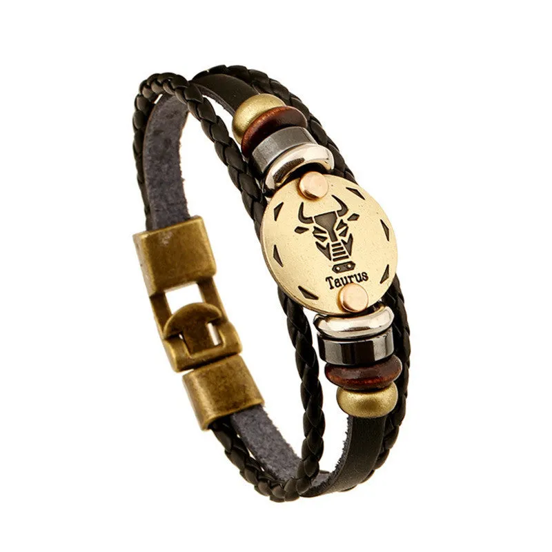 Unisex Zodiac Signs Leather Black Gallstone Bracelets