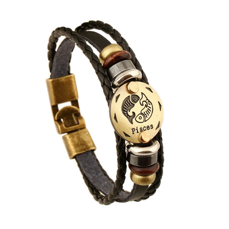 Unisex Zodiac Signs Leather Black Gallstone Bracelets