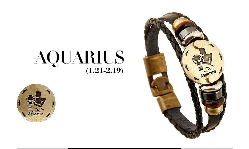 Unisex Zodiac Signs Leather Black Gallstone Bracelets