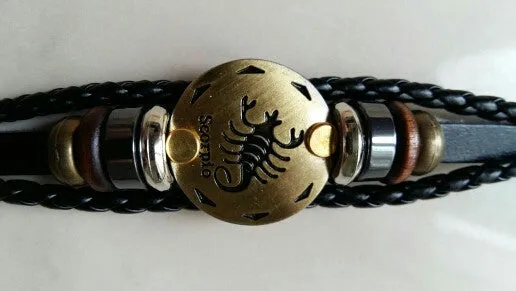 Unisex Zodiac Signs Leather Black Gallstone Bracelets