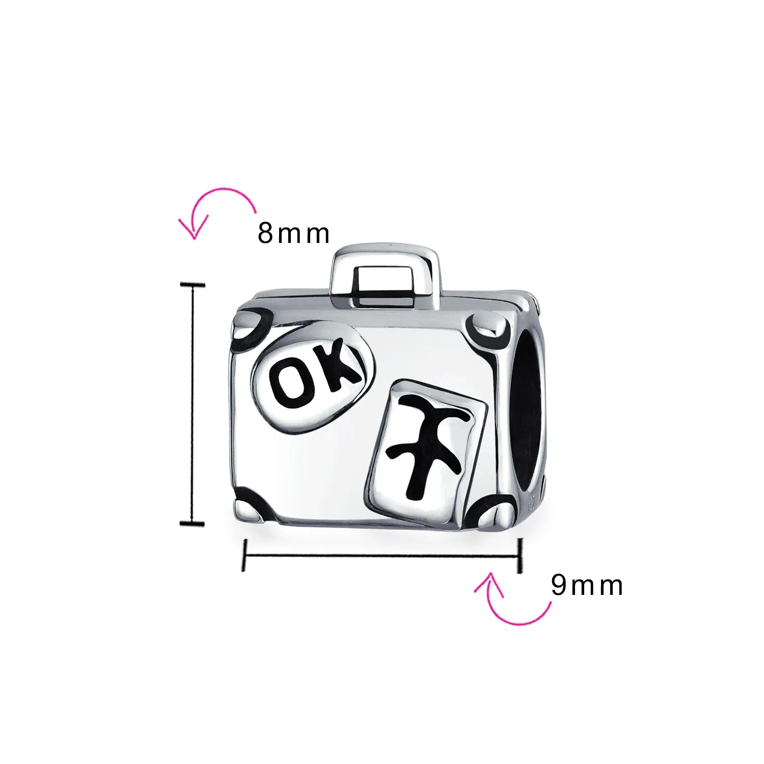 Vacation Travel Suitcase Luggage Charm Bead Sterling Silver for Bracelet