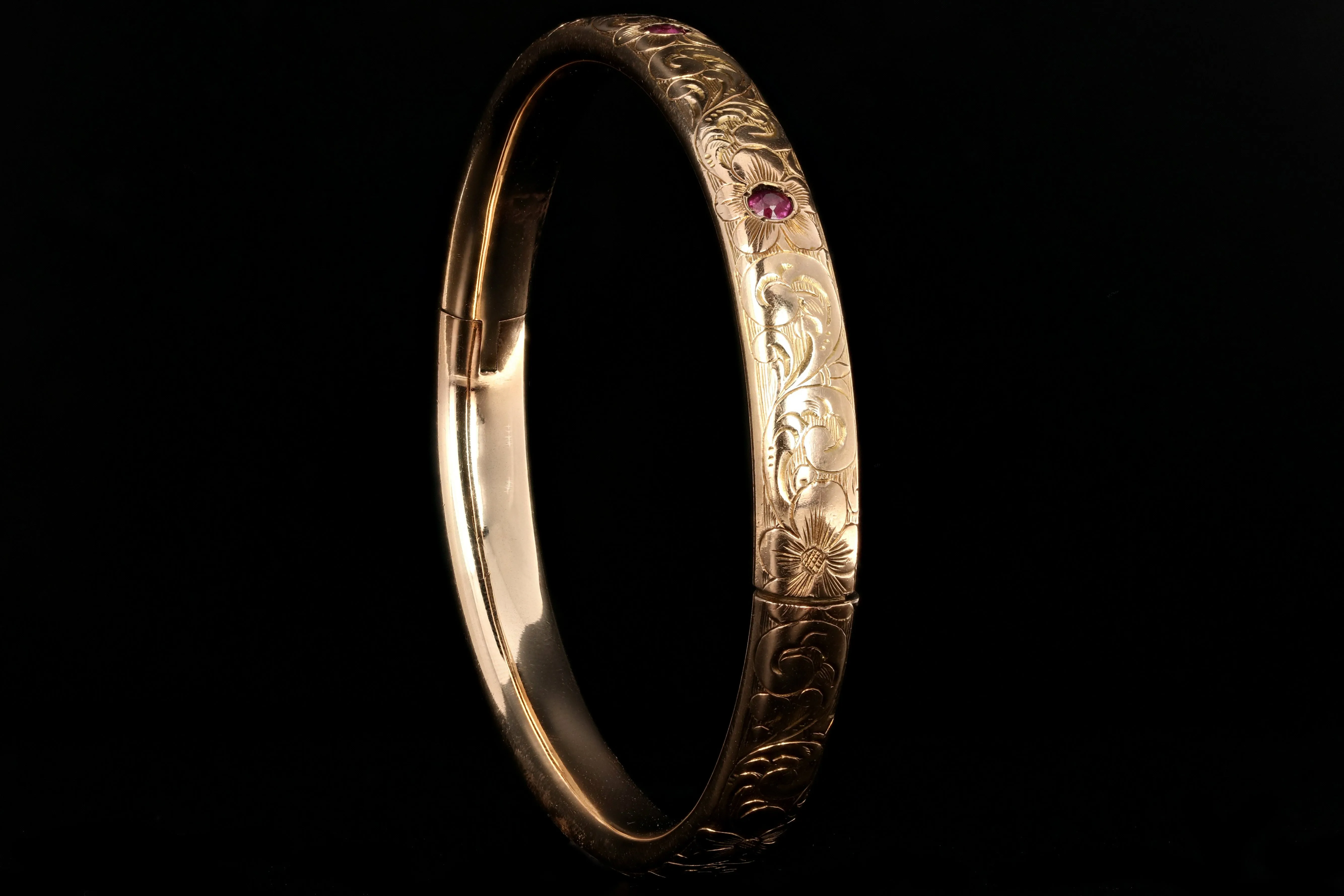Victorian 14K Gold & Ruby Floral Bangle Bracelet c.1890's