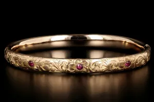 Victorian 14K Gold & Ruby Floral Bangle Bracelet c.1890's