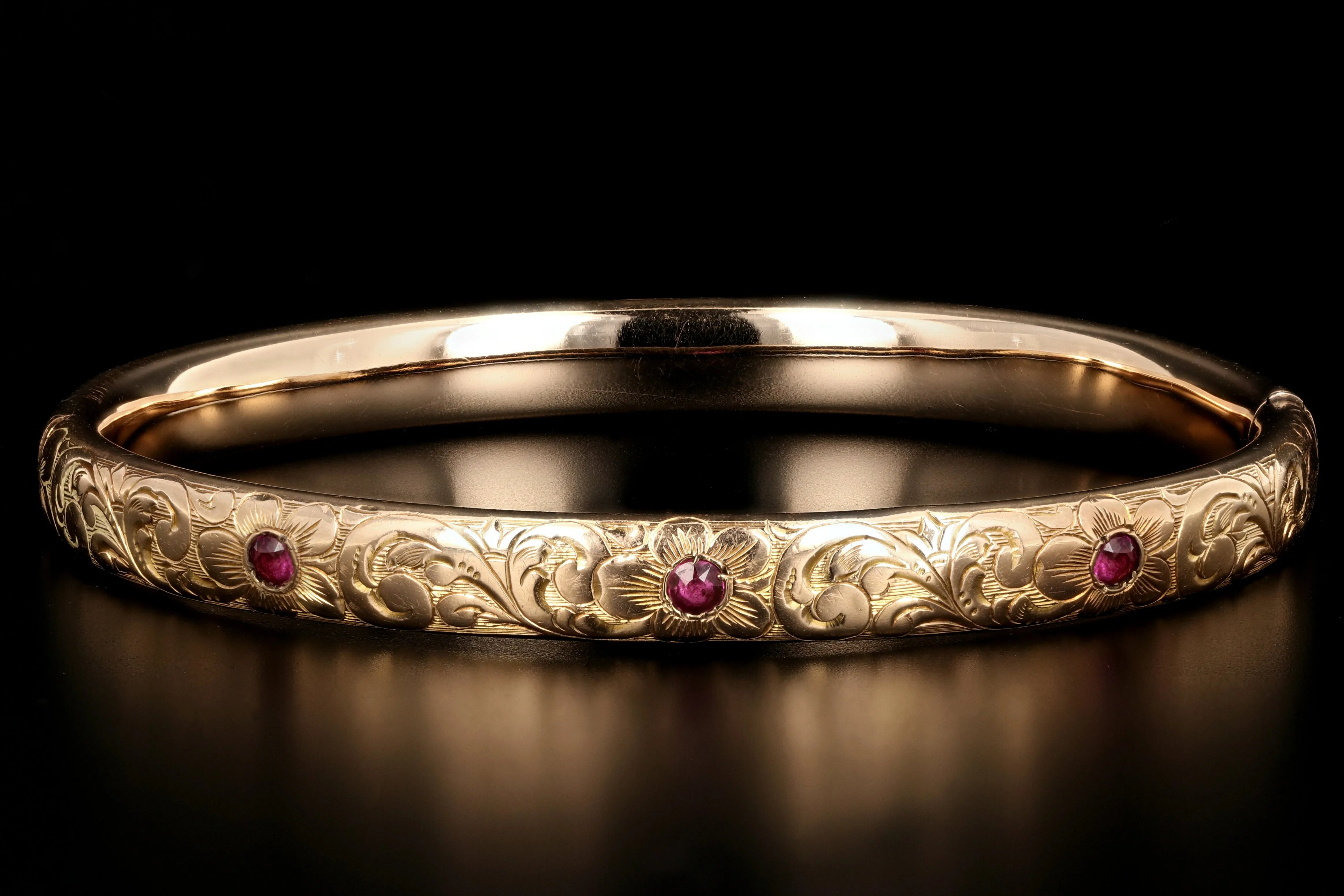 Victorian 14K Gold & Ruby Floral Bangle Bracelet c.1890's