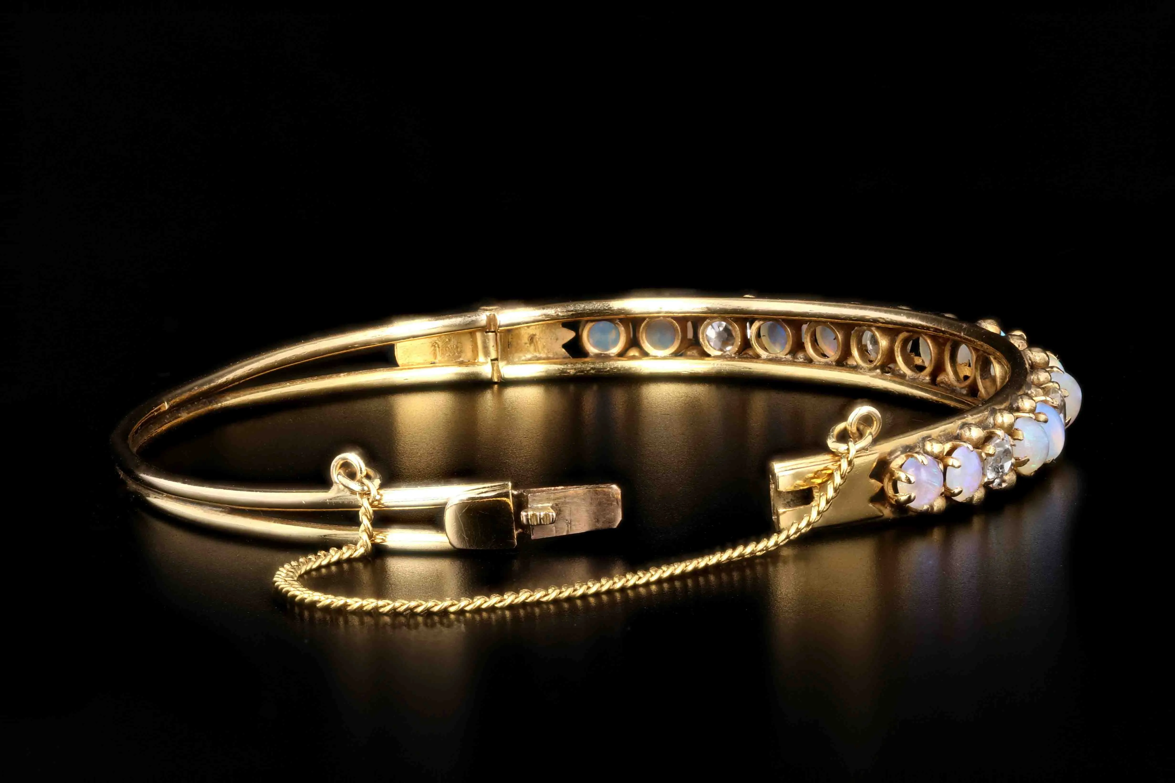 Victorian 14K Yellow Gold Cabochon Opal & Old European Cut Diamond Bangle Bracelet