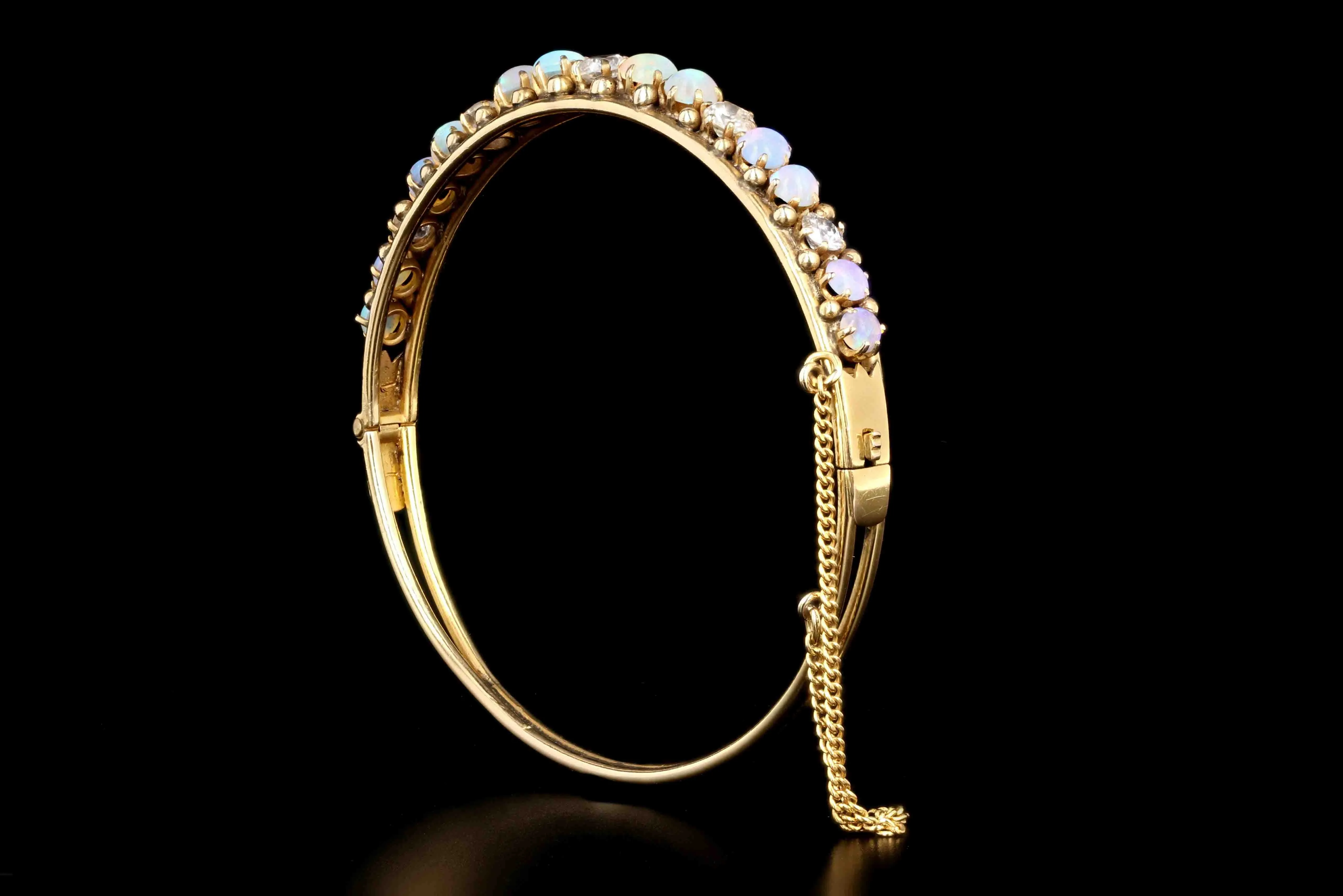 Victorian 14K Yellow Gold Cabochon Opal & Old European Cut Diamond Bangle Bracelet