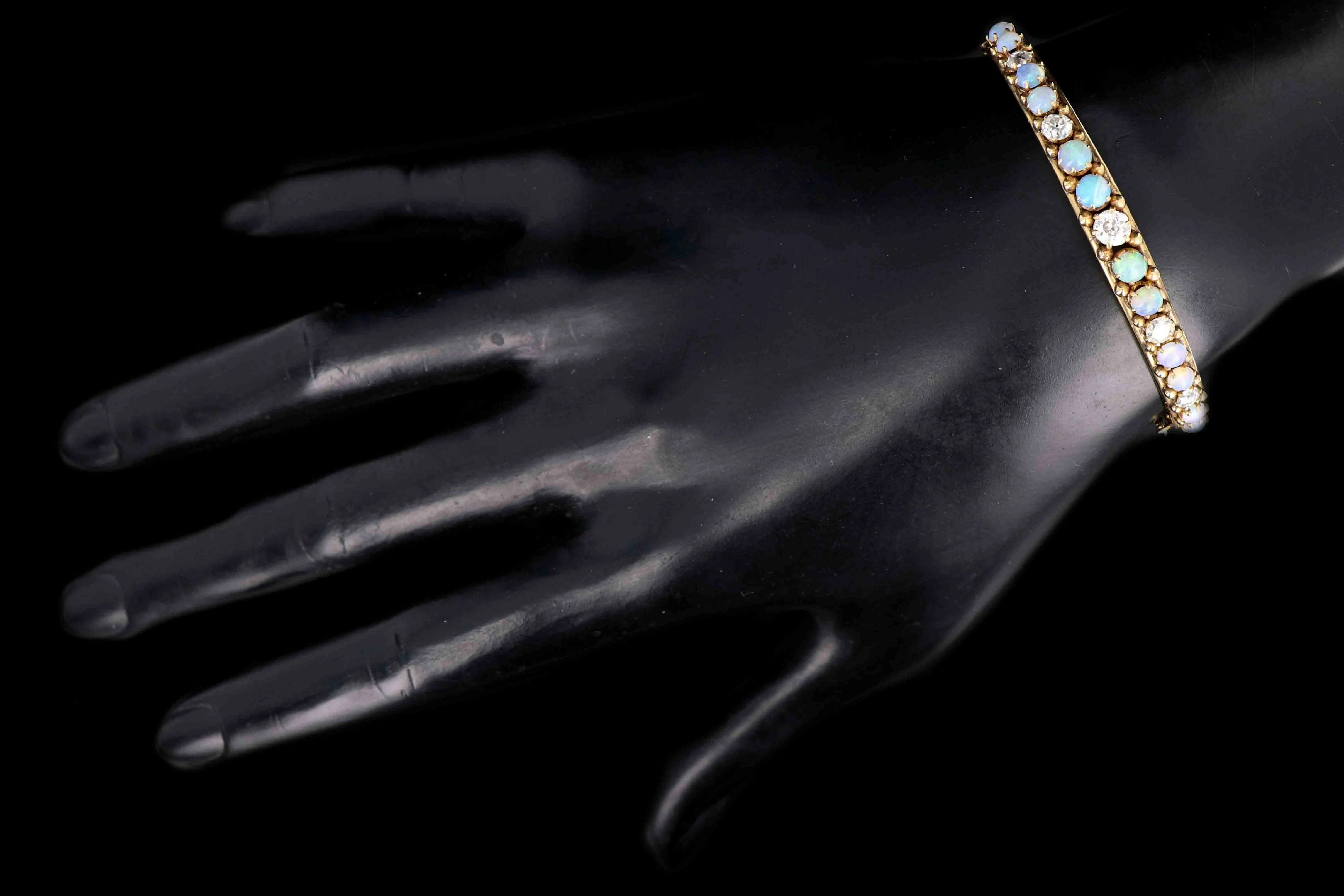 Victorian 14K Yellow Gold Cabochon Opal & Old European Cut Diamond Bangle Bracelet